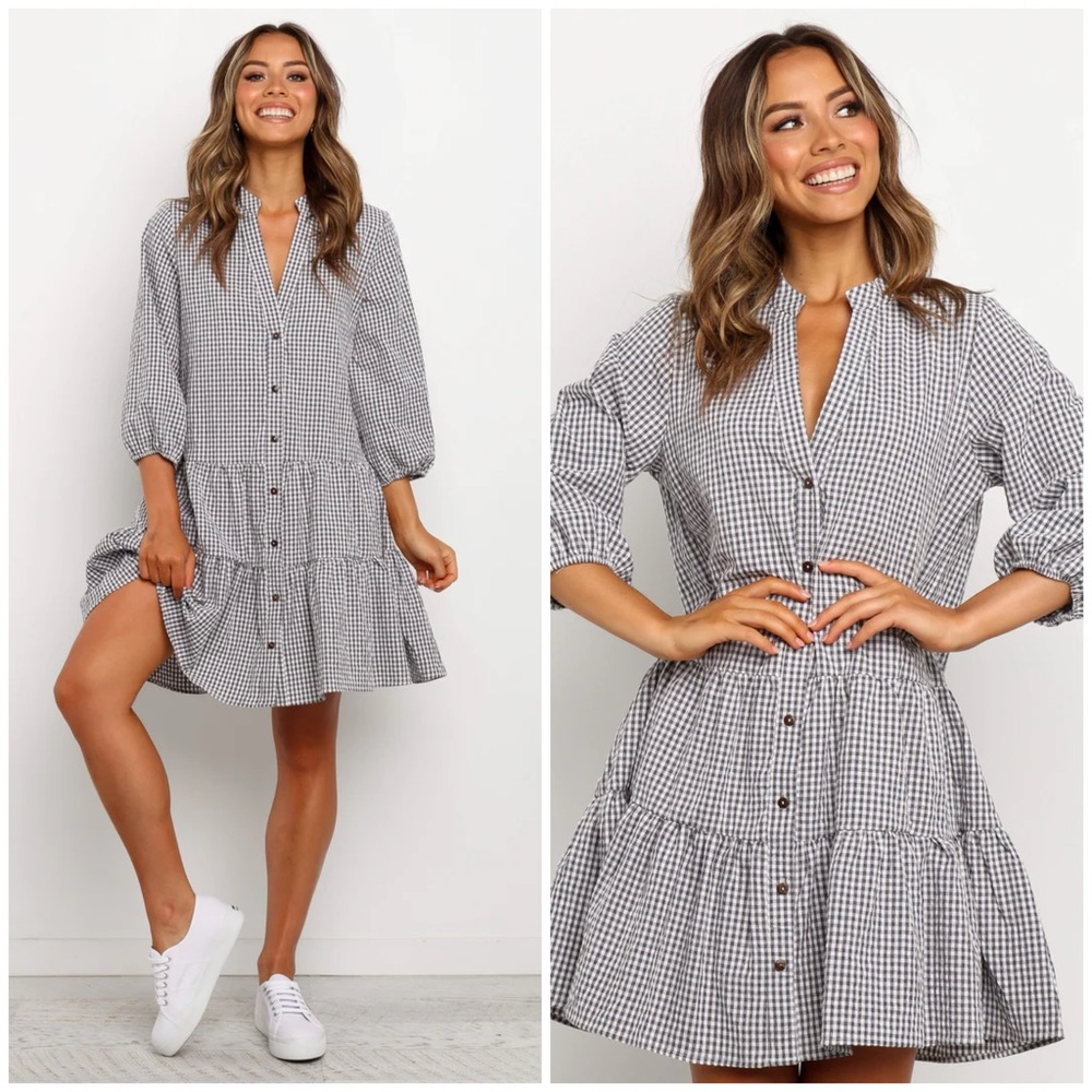 Petal And Pup Daria Gingham Printed Mini Dress in Black And White